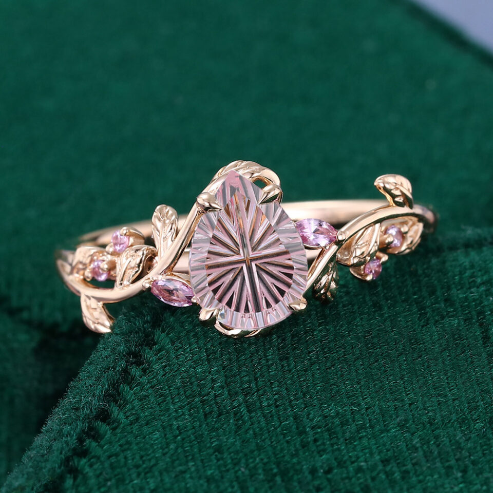 LeafLace Soft Vibe Pear Fantasy Cut Lab Pink Sapphire Promise Ring with Pink Sappire Accents (3)