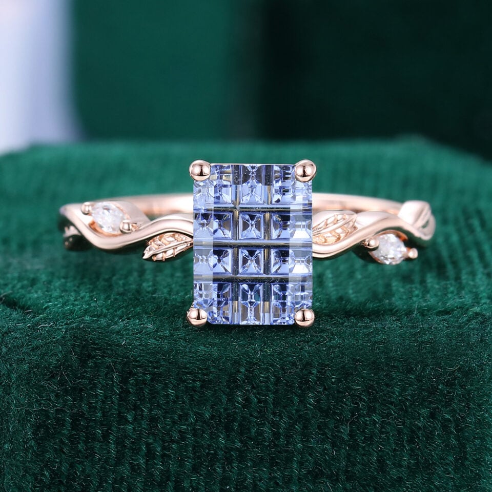 Leafwave | Fantasy Cut Emerald Shaped Lab Cornflower Sapphire Nature Inspired Promise Ring