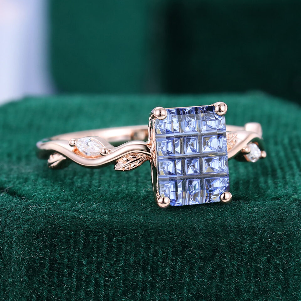 Leafwave Emerald Fantasy Cut Lab Cornflower Sapphire Nature Inspired Promise Ring (2)