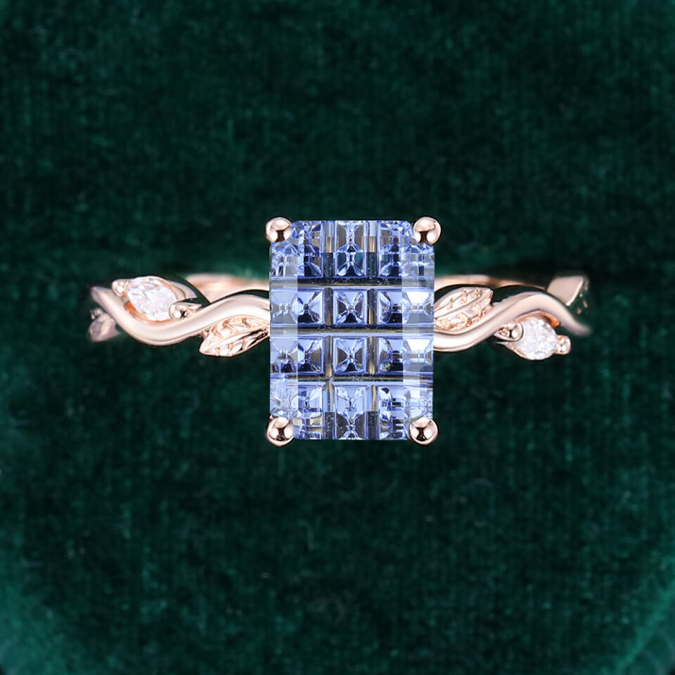 Leafwave Emerald Fantasy Cut Lab Cornflower Sapphire Nature Inspired Promise Ring (3)