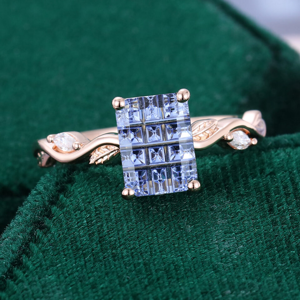 Leafwave Emerald Fantasy Cut Lab Cornflower Sapphire Nature Inspired Promise Ring (4)