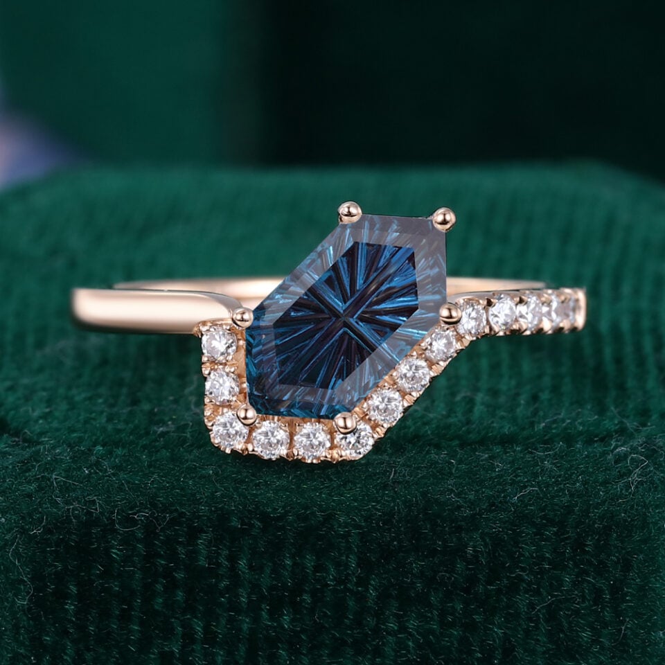 Fantasy Cut Long Hexagon Shaped Tilted Lab Alexandrite Asymmetric Half Halo Band