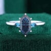 Long Hexagon Fantasy Cut Lab Alexandrite Engagement Ring Three Stone Ring