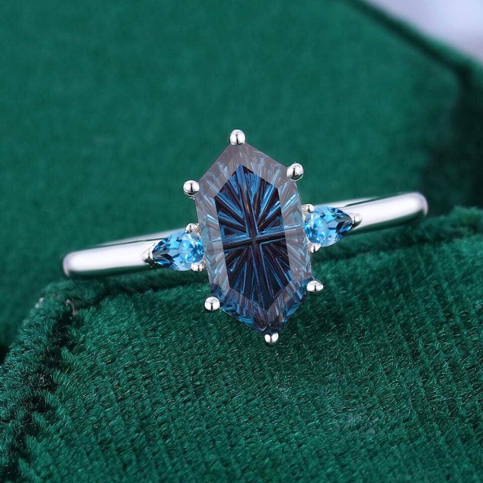 Long Hexagon Fantasy Cut Lab Alexandrite Engagement Ring Three Stone Ring (4)