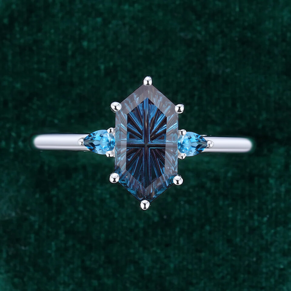 Long Hexagon Fantasy Cut Lab Alexandrite Engagement Ring Three Stone Ring (5)