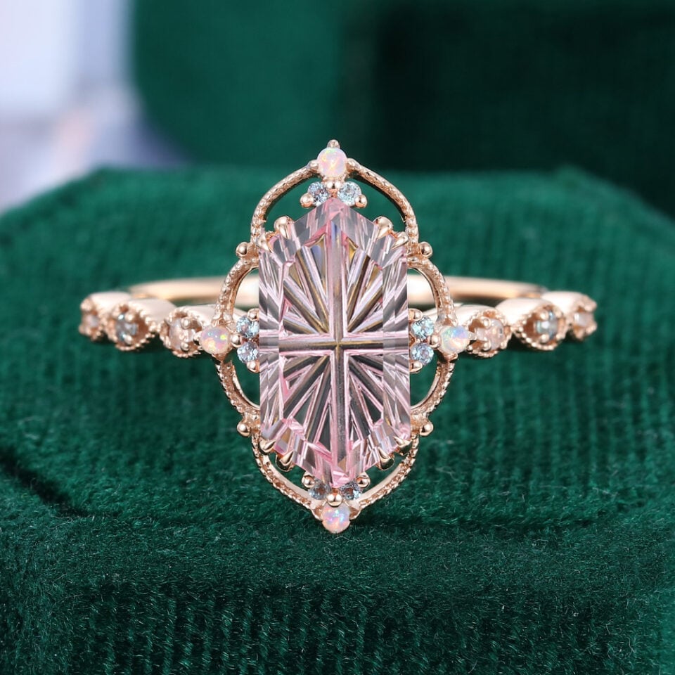 Fantasy Cut Long Hexagon Shaped Lab Pink Sapphire Ring Filigree Floral Halo Engagement Ring
