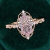 Long Hexagon Fantasy Cut Lab Pink Sapphire Engagement Ring Filigree Floral Halo Promise Ring (2)