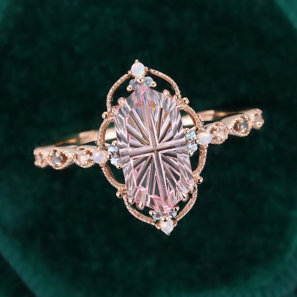 Long Hexagon Fantasy Cut Lab Pink Sapphire Engagement Ring Filigree Floral Halo Promise Ring (2)