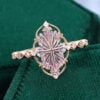 Fantasy cut long hexagon shaped lab pink sapphire ring filigree floral halo engagement ring