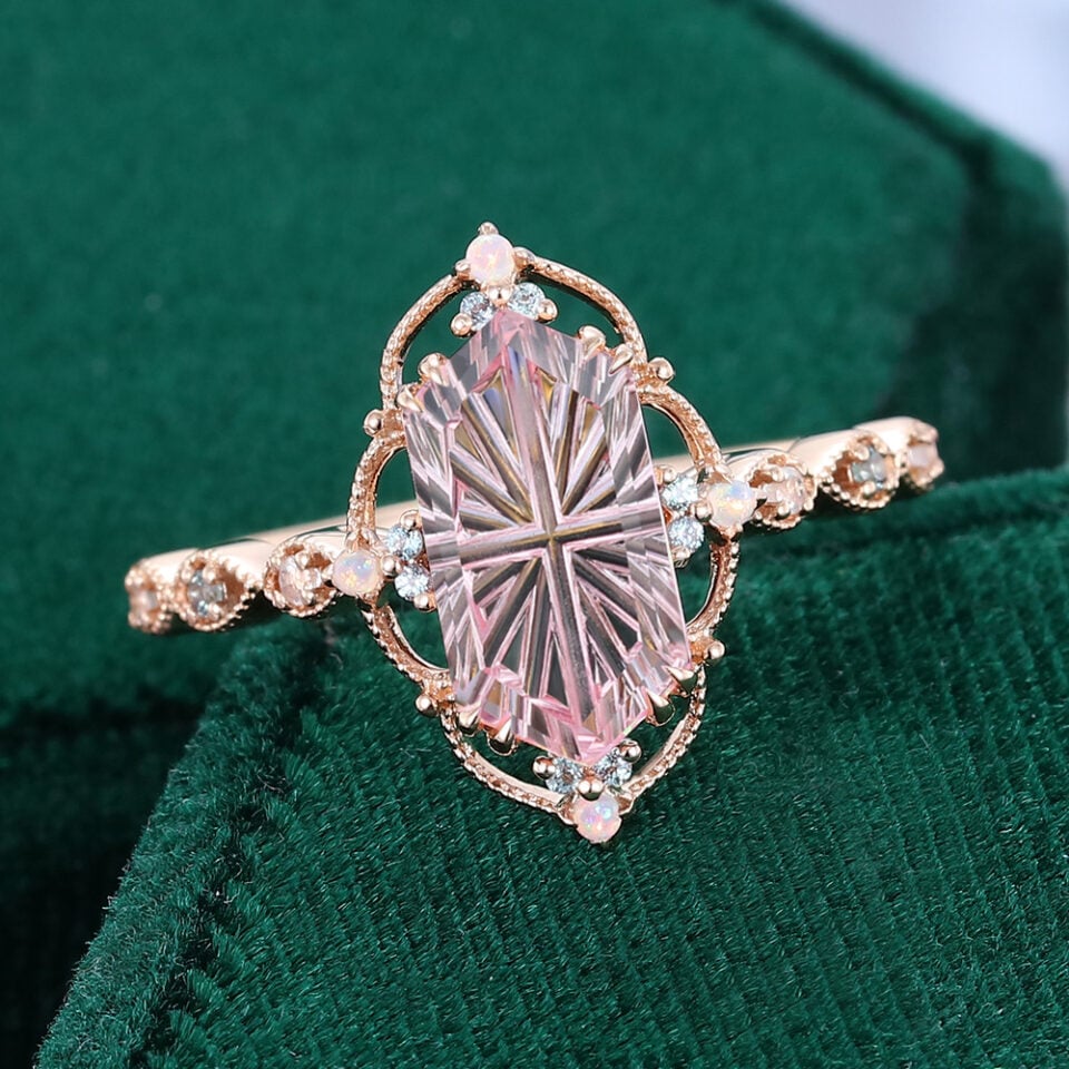 Fantasy cut long hexagon shaped lab pink sapphire ring filigree floral halo engagement ring