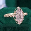 Long Hexagon Fantasy Cut Lab Pink Sapphire Engagement Ring Filigree Floral Halo Promise Ring (4)
