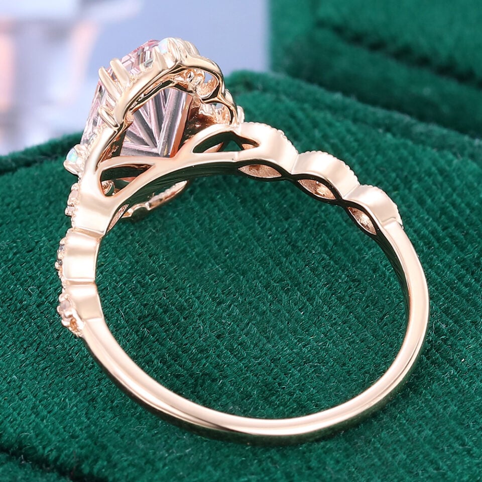 Long Hexagon Fantasy Cut Lab Pink Sapphire Engagement Ring Filigree Floral Halo Promise Ring (5)
