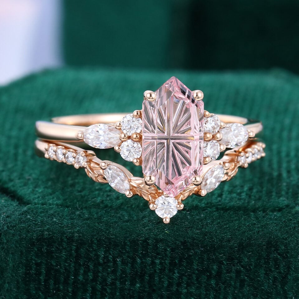 Long Hexagon Fantasy Cut Lab Pink Sapphire Nature Themed Bridal Ring Set (2)
