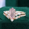 Long Hexagon Fantasy Cut Lab Pink Sapphire Nature Themed Bridal Ring Set (3)