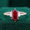 Long hexagon fantasy cut lab ruby engagement ring with baguette & round accents