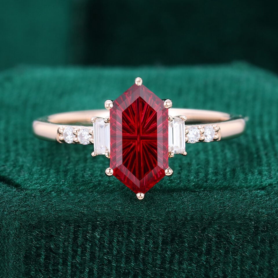 Fantasy Cut Long Hexagon Shaped Lab Ruby Engagement Ring With Baguette & Round Accents