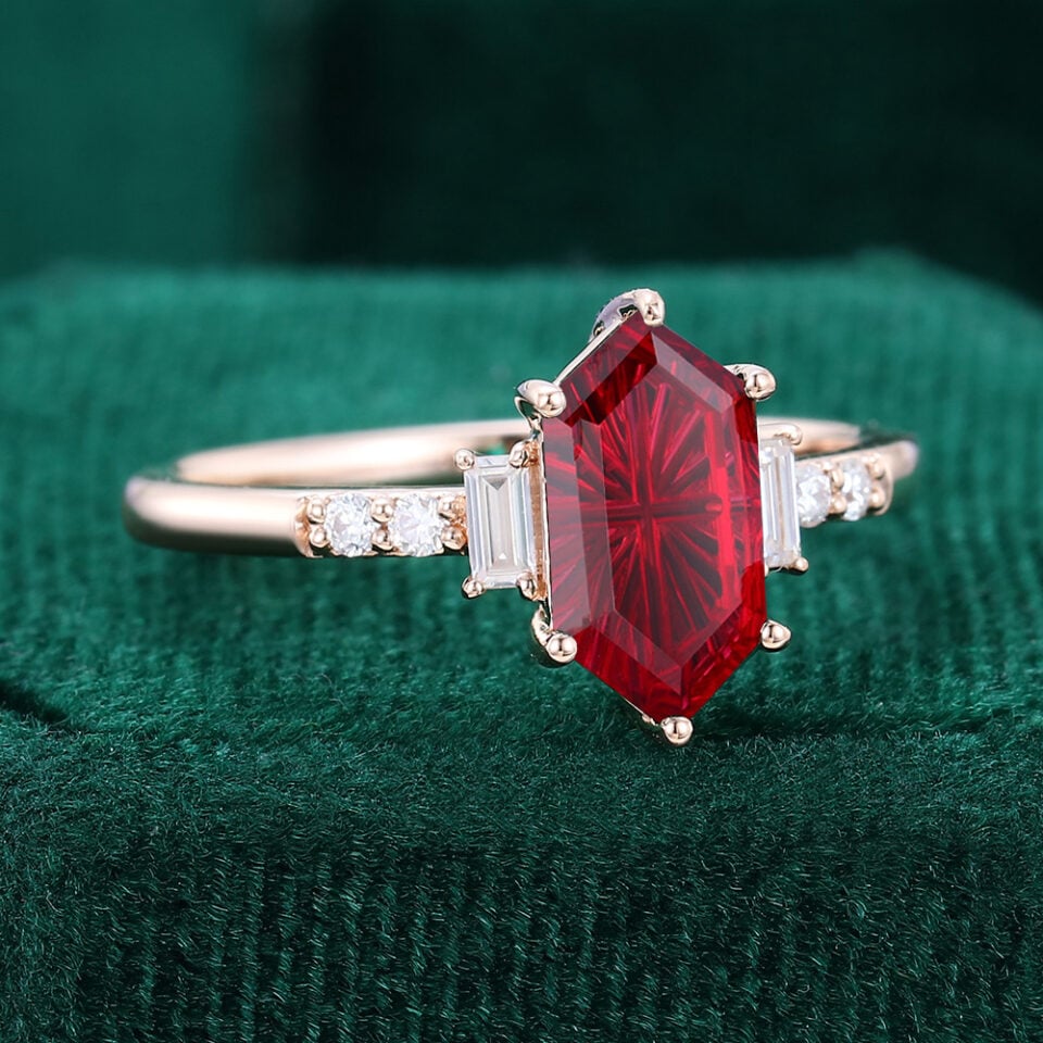 Long Hexagon Fantasy Cut Lab Ruby Engagement Ring With Baguette & Round Accents (3)