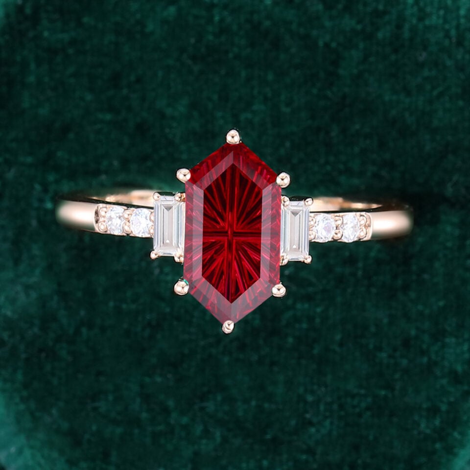 Long Hexagon Fantasy Cut Lab Ruby Engagement Ring With Baguette & Round Accents (4)