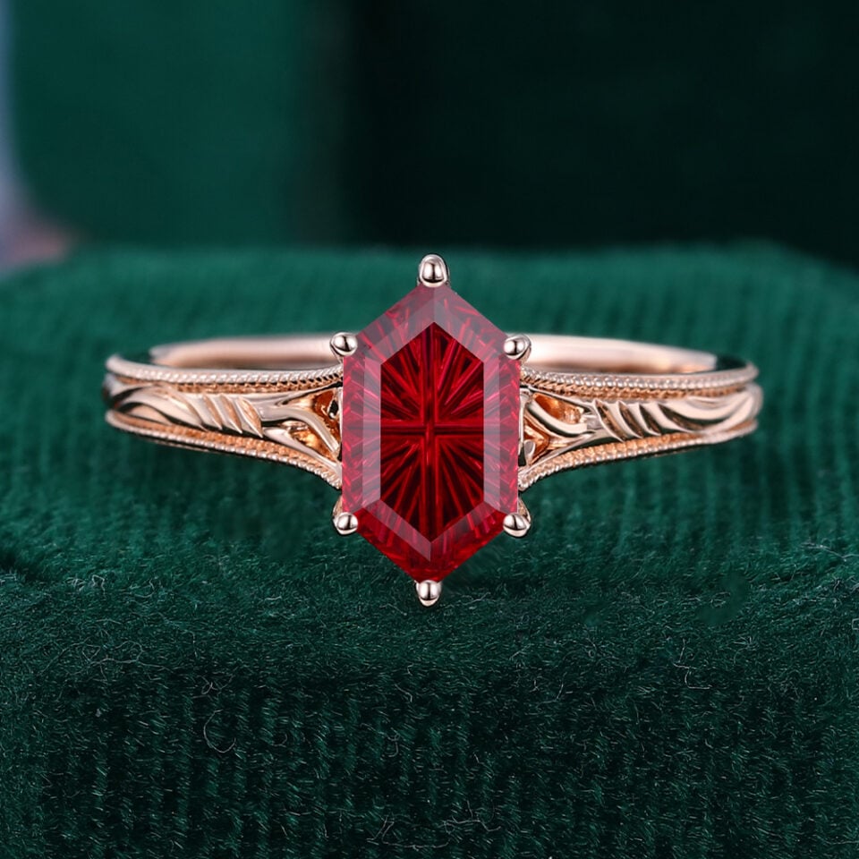 Fantasy Cut Long Hexagon Shaped Lab Ruby Ring Vintage Solitaire Engagement Ring