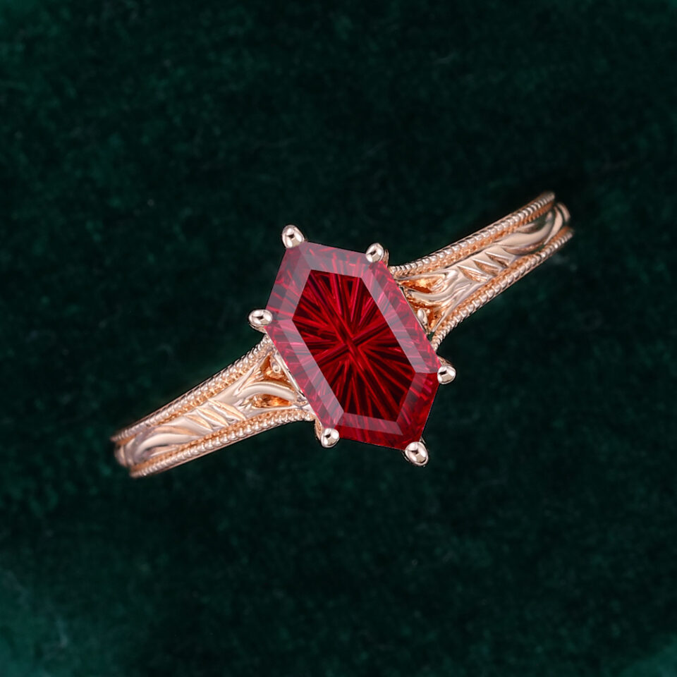 Long Hexagon Fantasy Cut Lab Ruby Vintage Promise Ring Milgrain Design Engagement Ring (3)