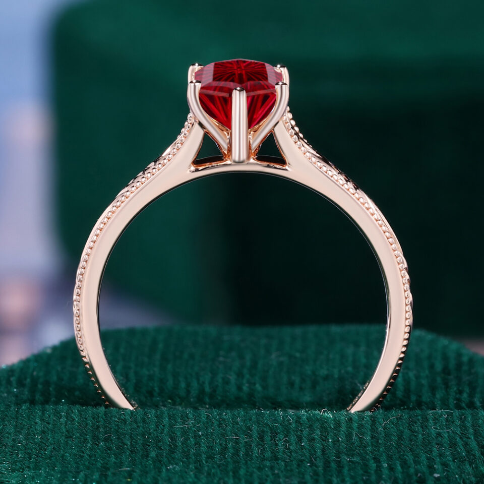 Long Hexagon Fantasy Cut Lab Ruby Vintage Promise Ring Milgrain Design Engagement Ring (4)