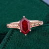 Long hexagon fantasy cut lab ruby vintage promise ring milgrain design engagement ring