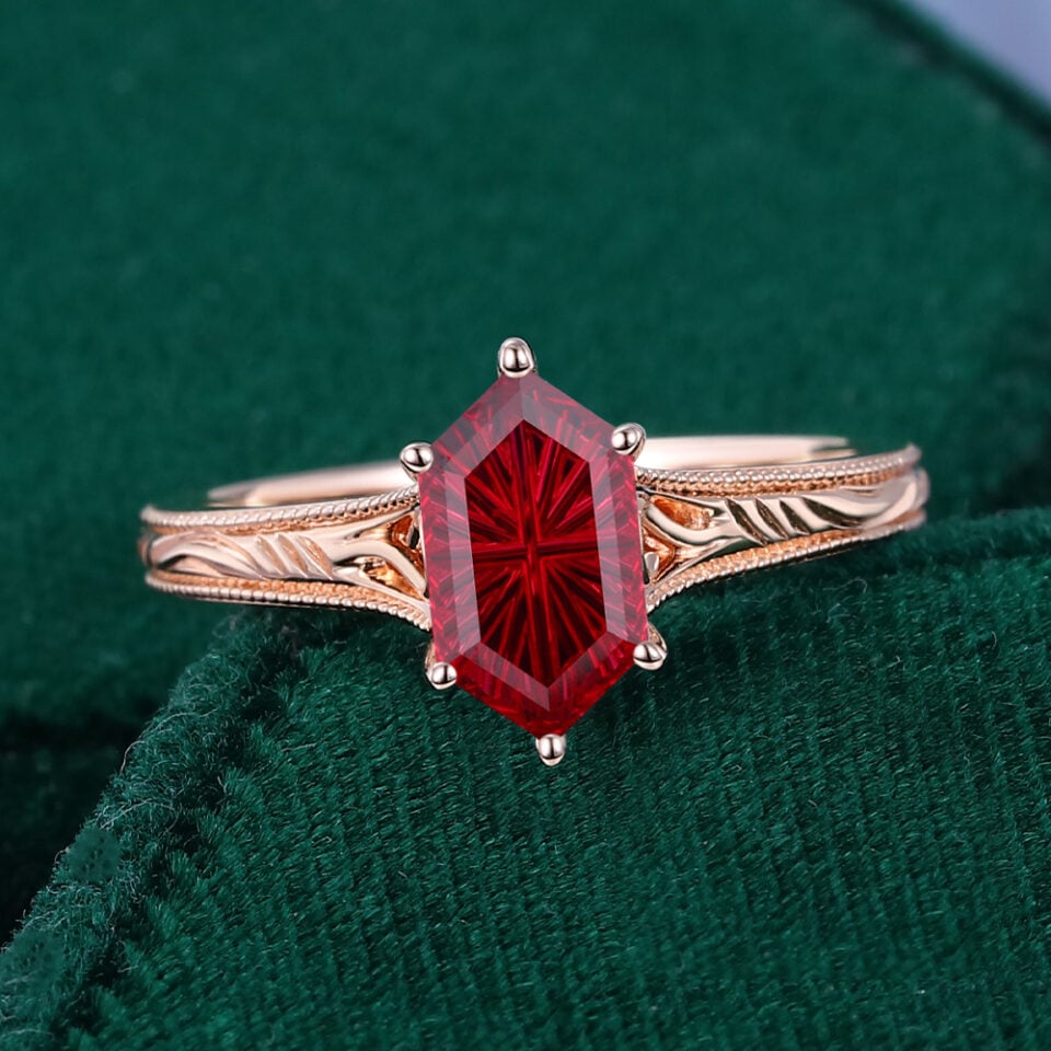 Long hexagon fantasy cut lab ruby vintage promise ring milgrain design engagement ring
