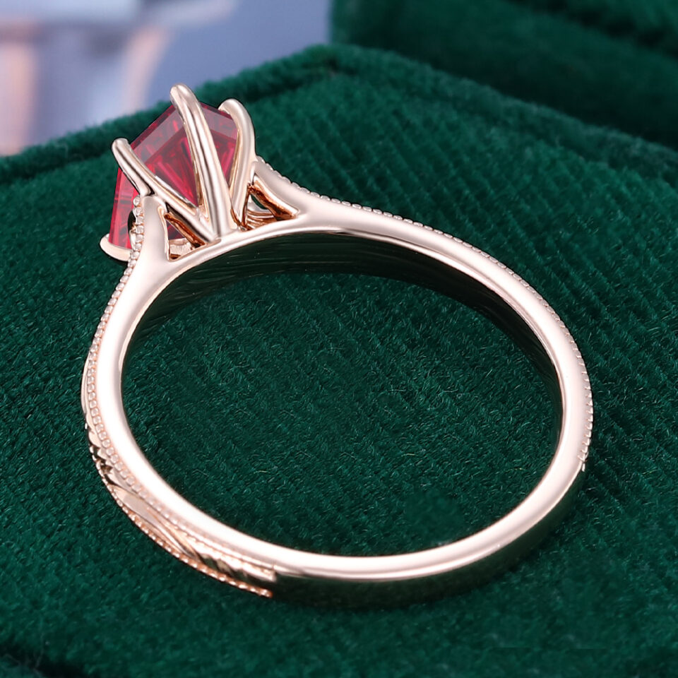 Long Hexagon Fantasy Cut Lab Ruby Vintage Promise Ring Milgrain Design Engagement Ring (7)