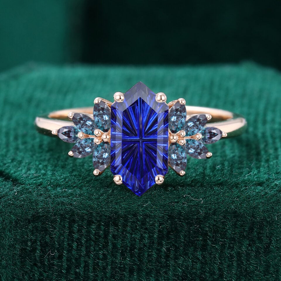 Fantasy Cut Long Hexagon Shaped Lab Sapphire Petal Cluster Engagement Ring