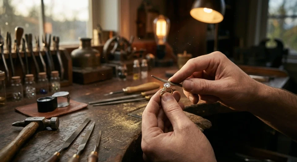 Master jeweler hand-filing a custom 18k gold engagement ring setting at a workshop bench