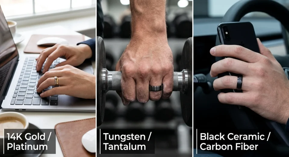 Men's wedding bands lifestyle guide 14K gold for the office, tungsten for the gym, and black ceramic for driving and tech use