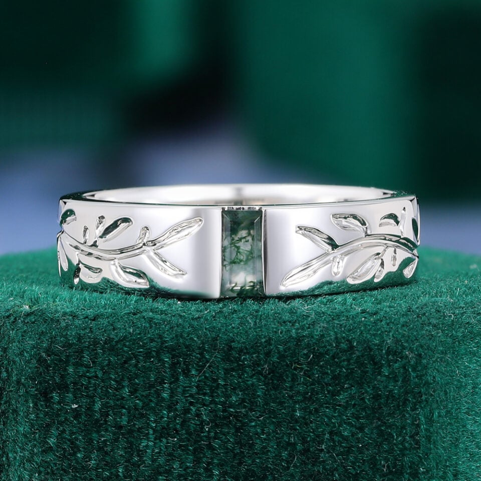 Nature Inspire Moss Agate & Moissanite Leaf Couple's Ring Set (3)