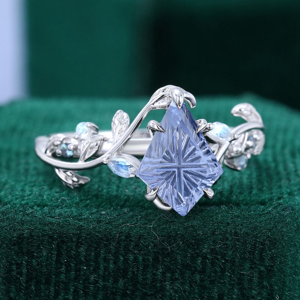 Nature Inspired Kite Fantasy Cut Lab Cornflower Sapphire Engagement Ring Moonstone & Alexandrite Accented Leaf Design Ring (2)