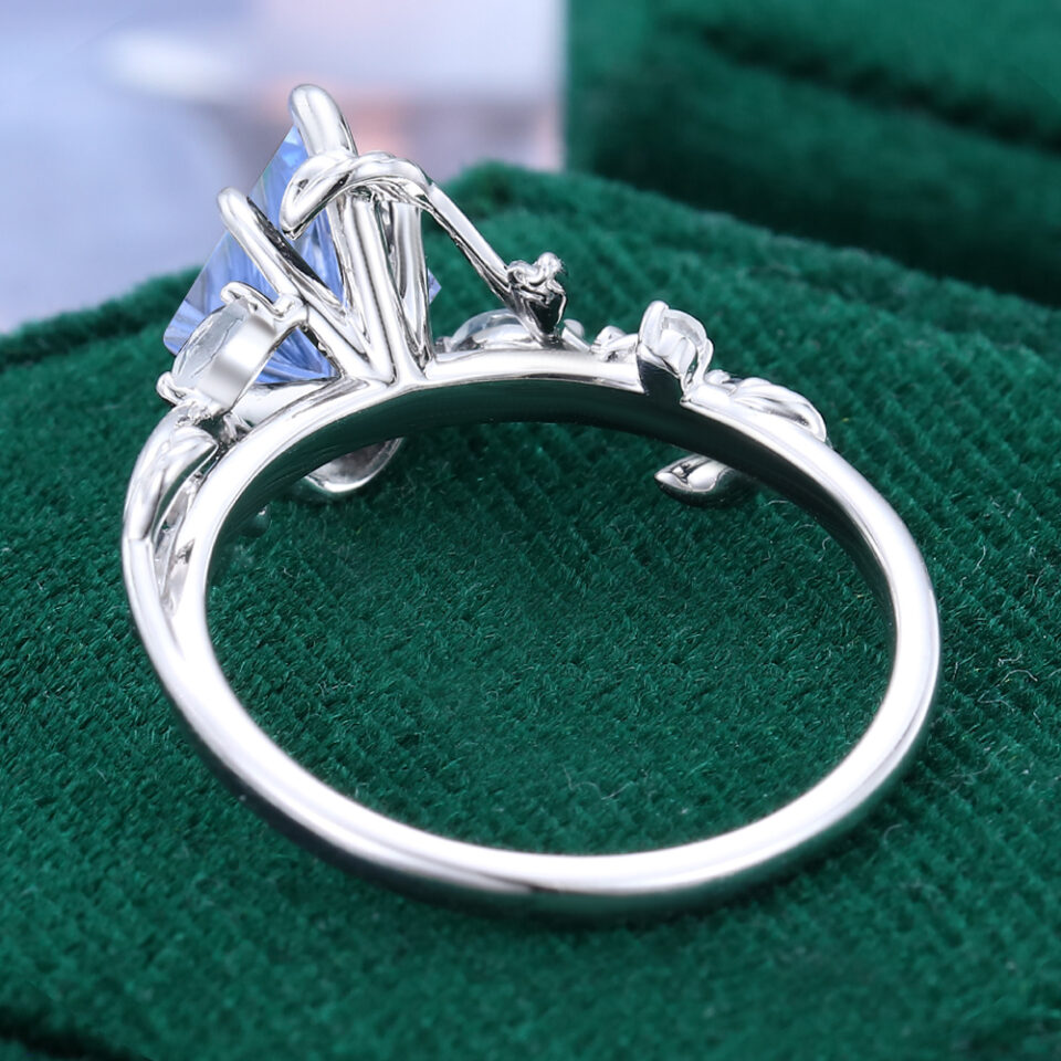 Nature Inspired Kite Fantasy Cut Lab Cornflower Sapphire Engagement Ring Moonstone & Alexandrite Accented Leaf Design Ring (5)