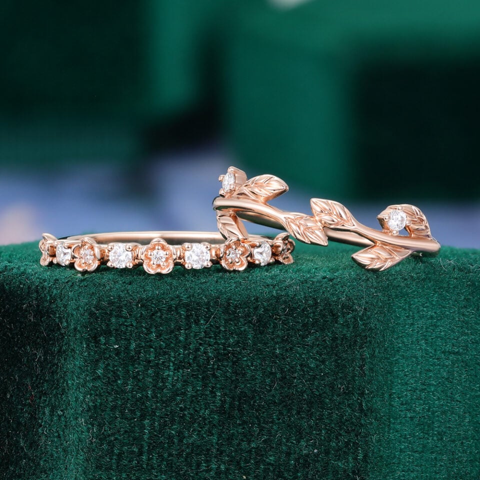 Nature Themed Moissanite Couple's Rings for Women Flower & Leaf Matching Rings