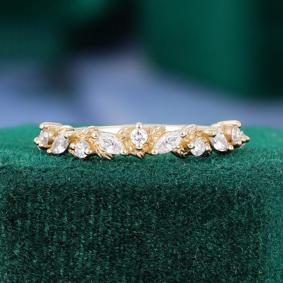 Nature Inspired Moissanite Couple's Ring With Flower & Leaf Accents (1)