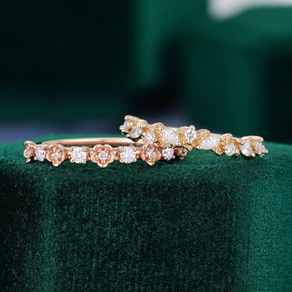 Nature Inspired Moissanite Couple's Rings for Women Flower & Leaf Matching Rings