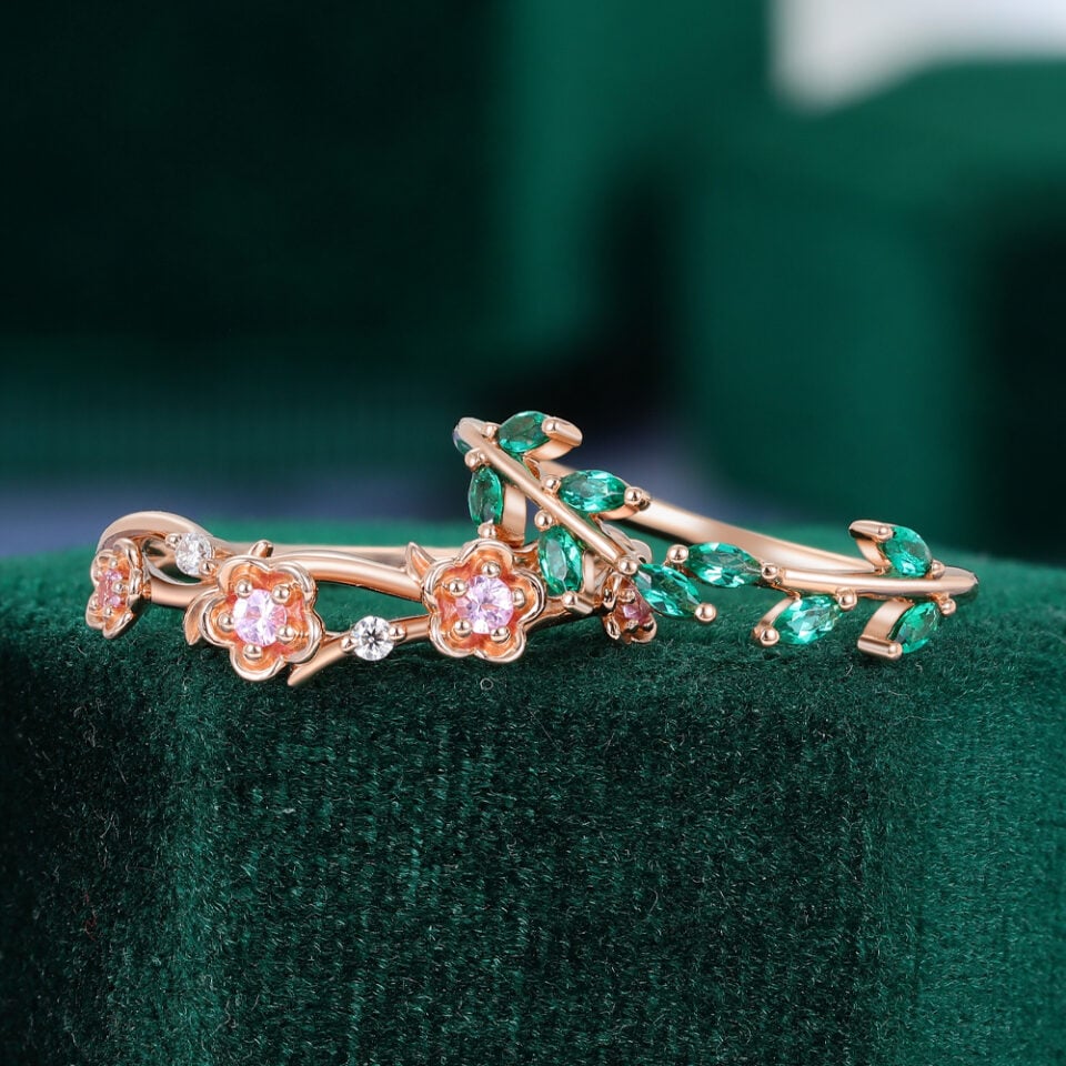 Unique Pink Sapphire & Emerald Couple's Rings for Women Nature Inspired Matching Rings
