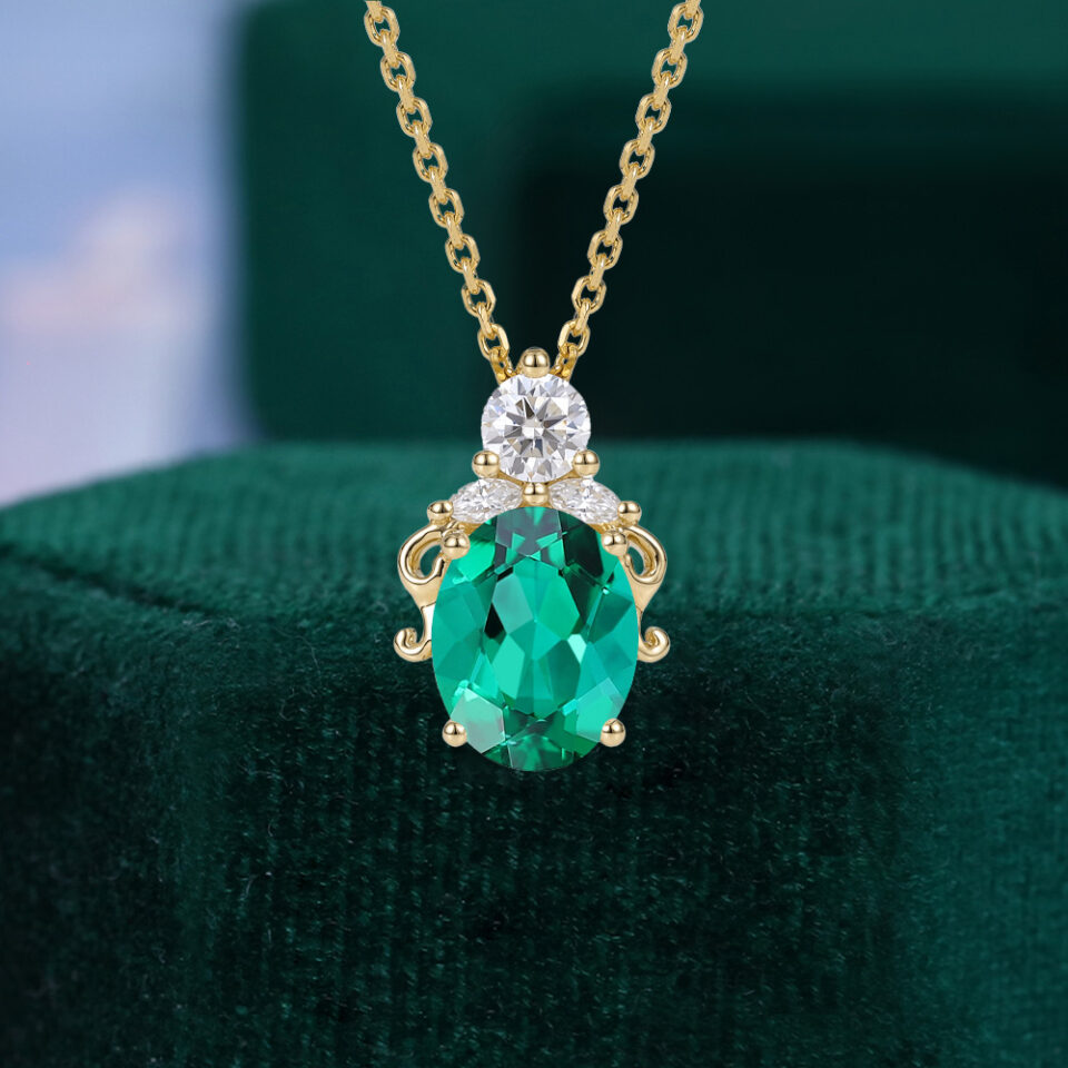 Oval Cut Emerald Filigree Pendant Necklace For Her