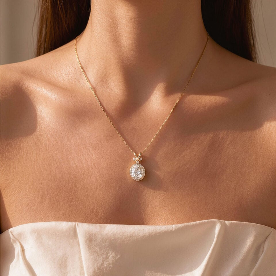 Oval Cut Moissanite Halo Pendant Necklace with Criss Cross Accents (1)