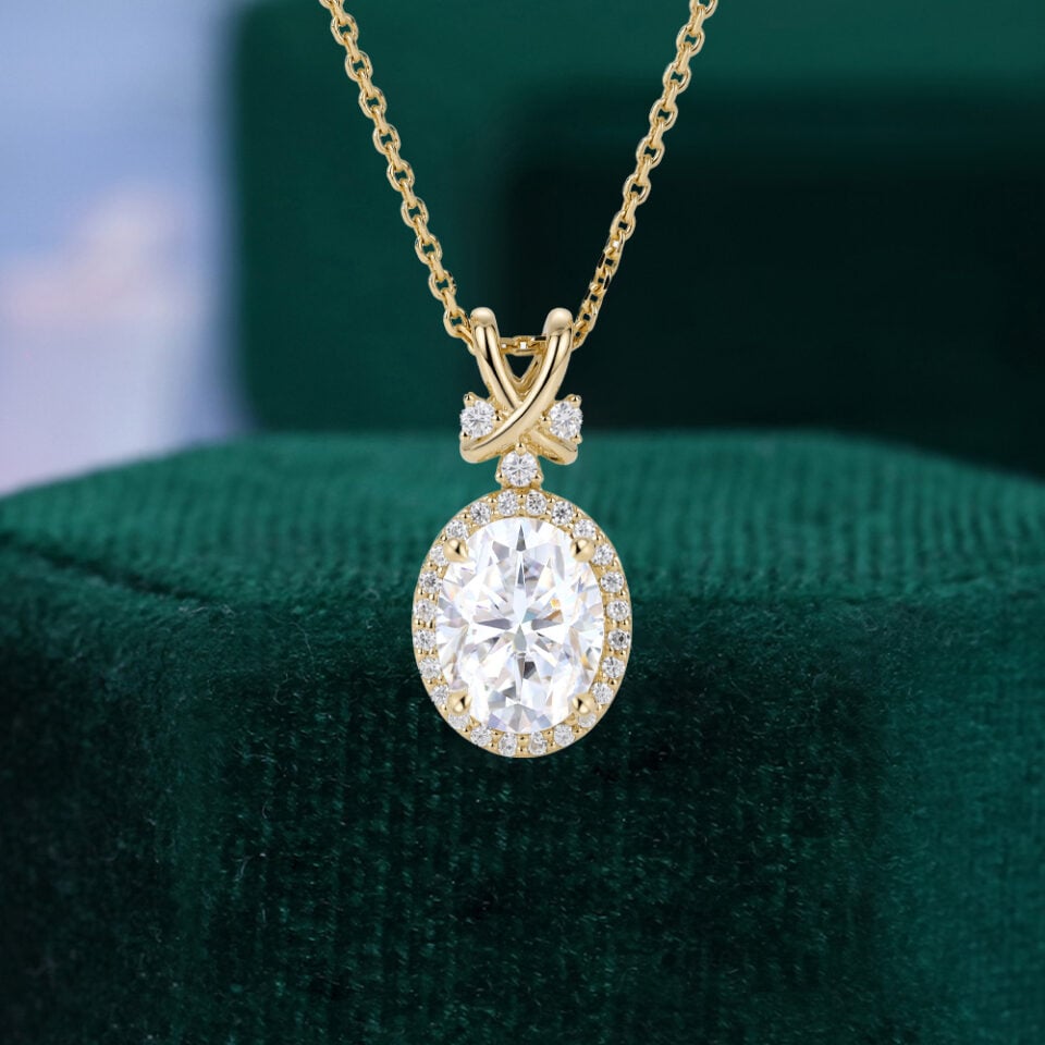 Oval Cut Moissanite Halo Pendant Necklace with Criss Cross Accents
