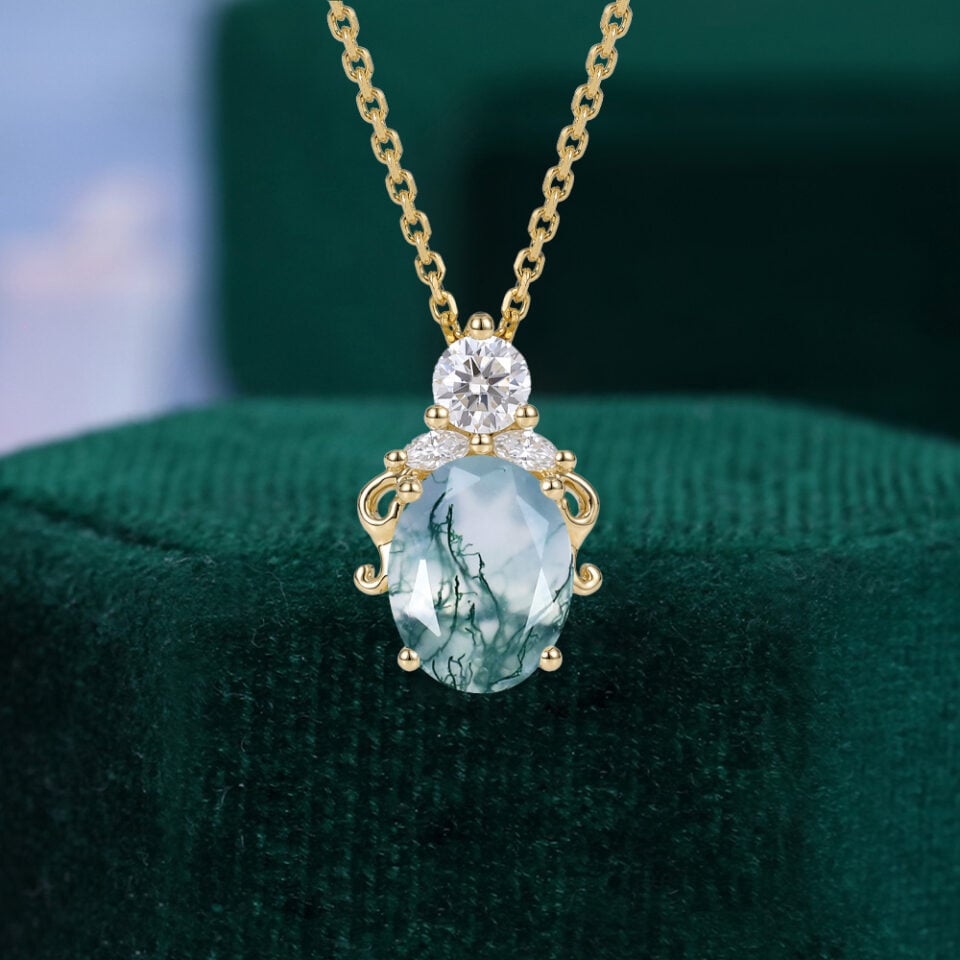 Oval Cut Moss Agate Filigree Pendant Necklace
