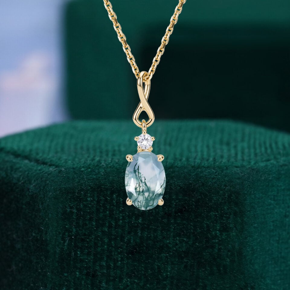 Oval Cut Moss Agate Infinity Pendant Necklace with Diamond Accents