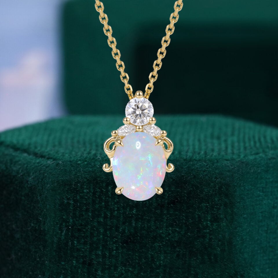Oval Cut Natural Opal Filigree Pendant Necklace