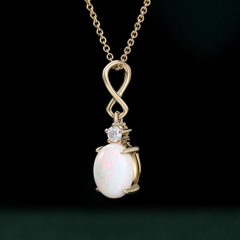 Oval Cut Natural Opal Infinity Pendant Necklace with Diamond Accents (15)