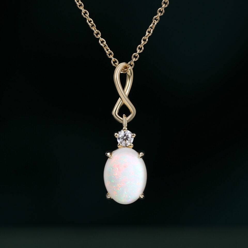 Oval Cut Natural Opal Infinity Pendant Necklace with Diamond Accents