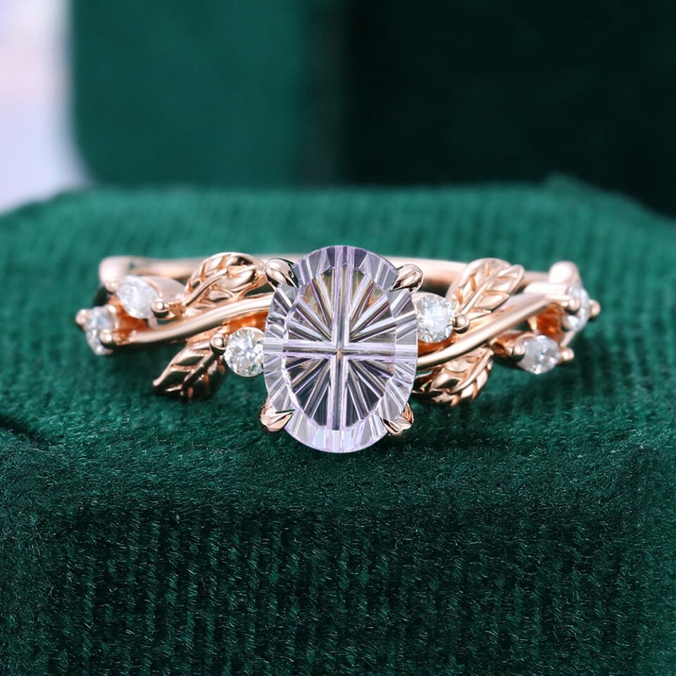 Fantasy Cut Oval Shaped Lavender Haze YAG Vine Design Engagement Ring