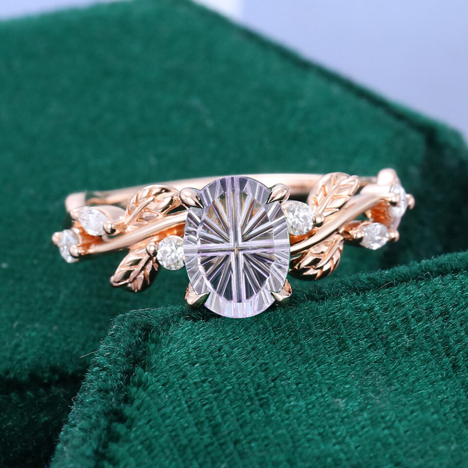 Oval Fantasy Cut Lavender Haze YAG Engagement Ring Vine Design Promise Ring (5)