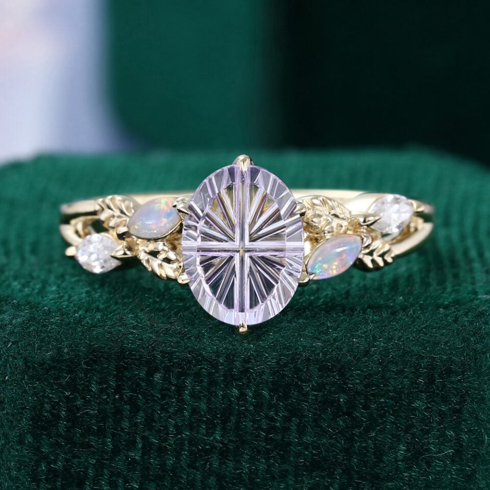 Fatasy Cut Oval Shaped Lavender Haze YAG Nature Inspired Engagement Ring with Leaf Accents