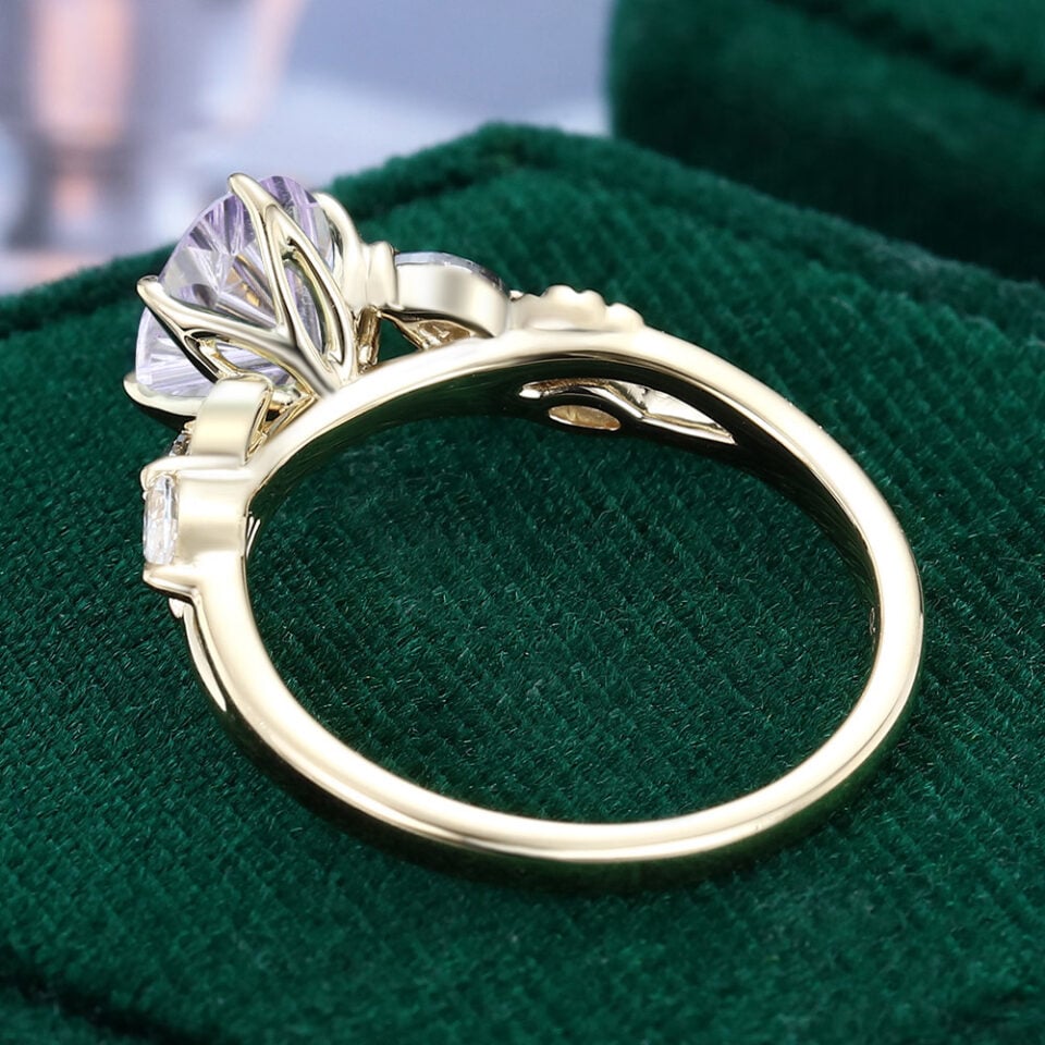 Oval fatasy cut lavender haze yag nature inspired engagement ring with leaf accents